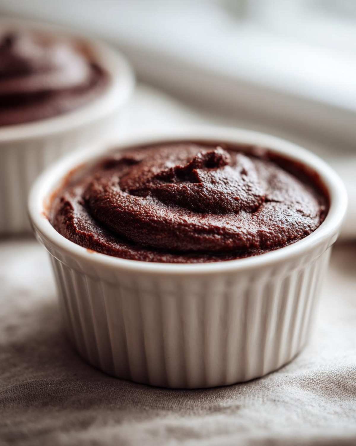 Gros plan d'une mousse chocolat cétogène onctueuse dans un ramequin blanc, prête à être dégustée.