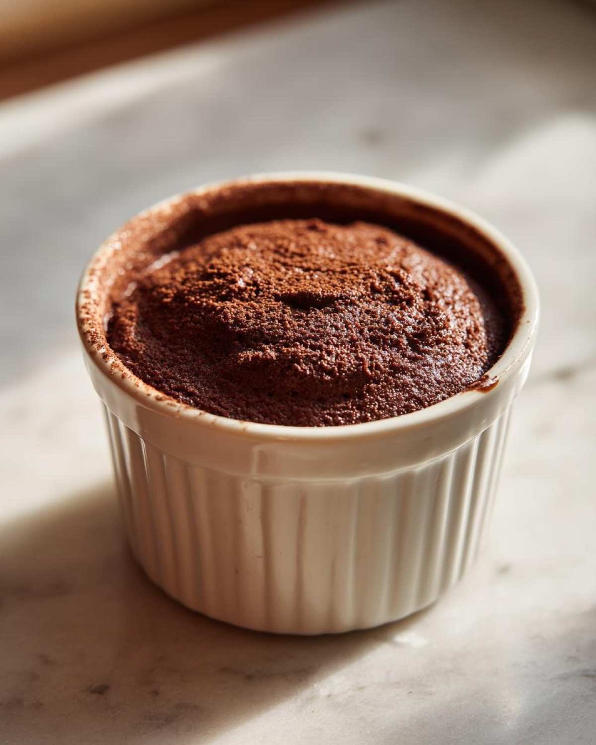 Gros plan d'une mousse chocolat cétogène crémeuse saupoudrée de cacao dans un ramequin blanc.