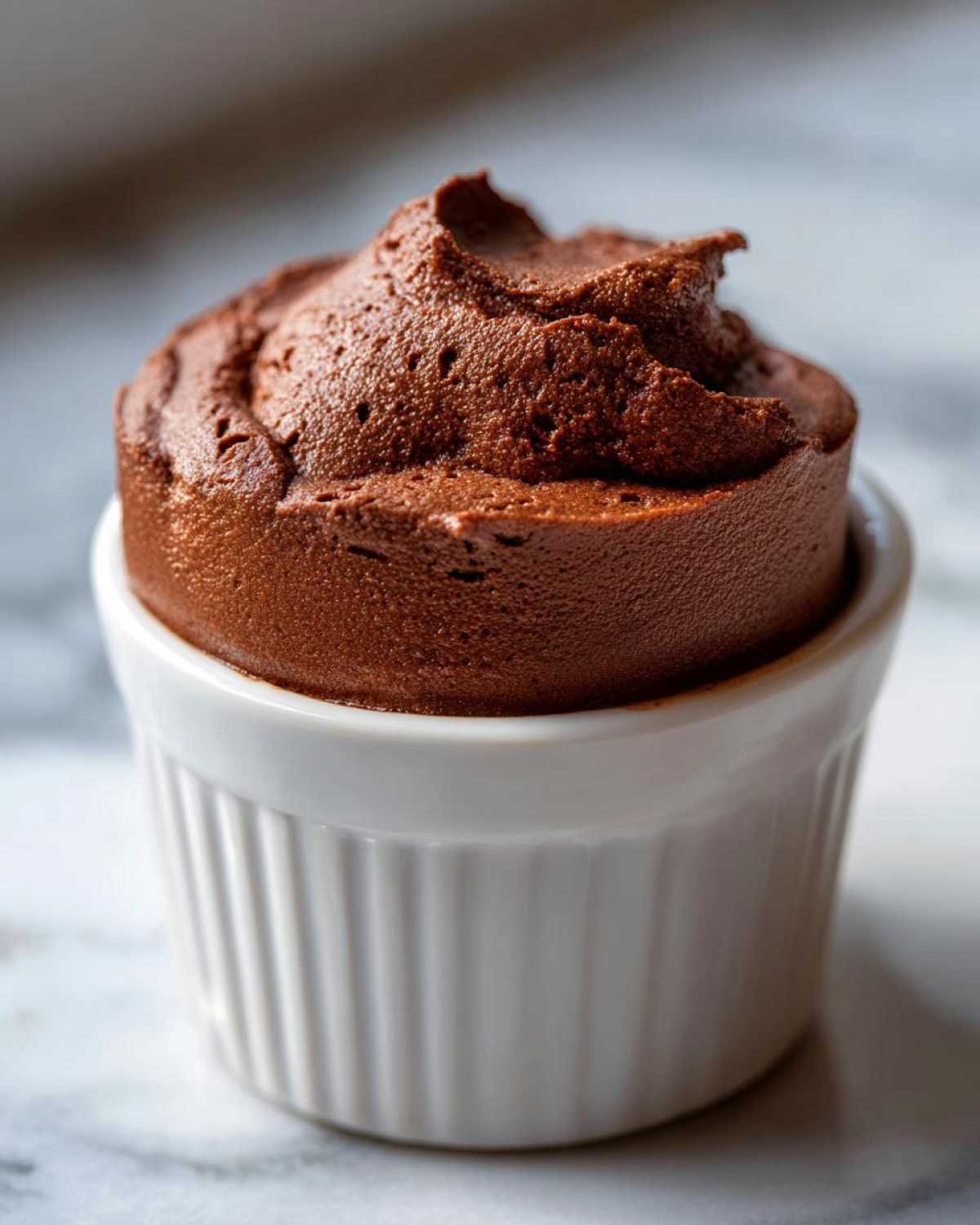Gros plan d'une mousse chocolat cétogène aérienne et crémeuse servie dans un ramequin blanc.