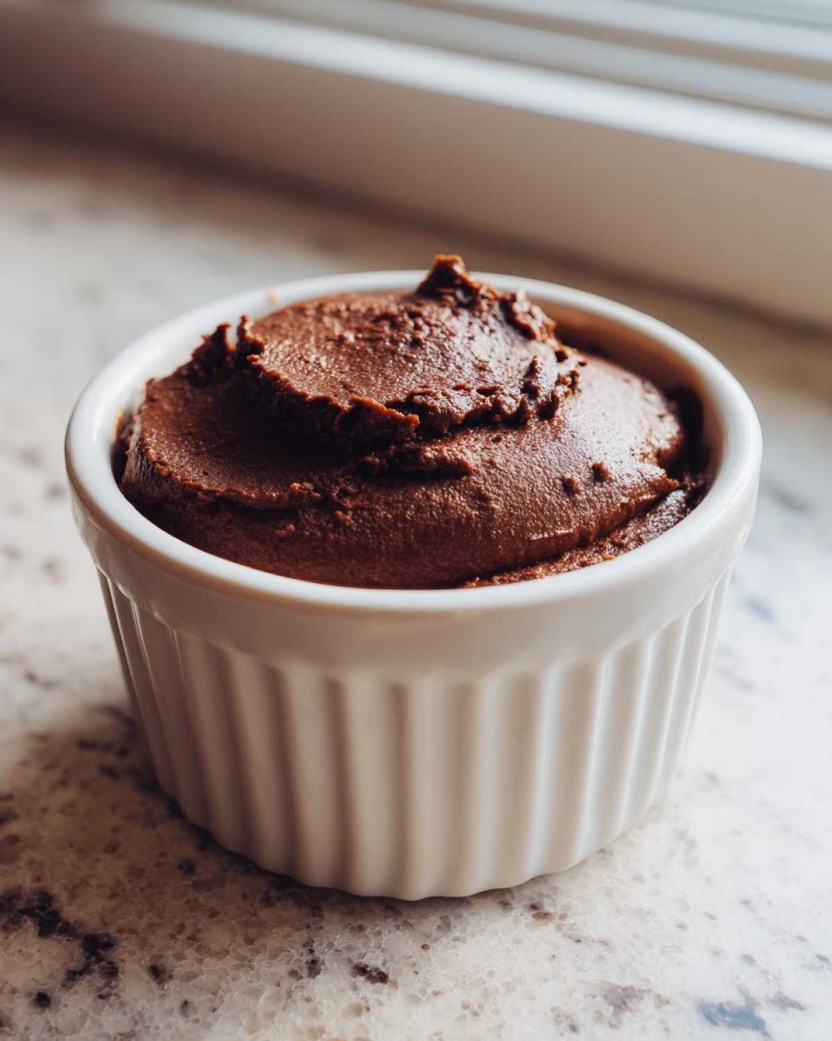 Gros plan d'une mousse chocolat cétogène riche et crémeuse servie dans un ramequin blanc.