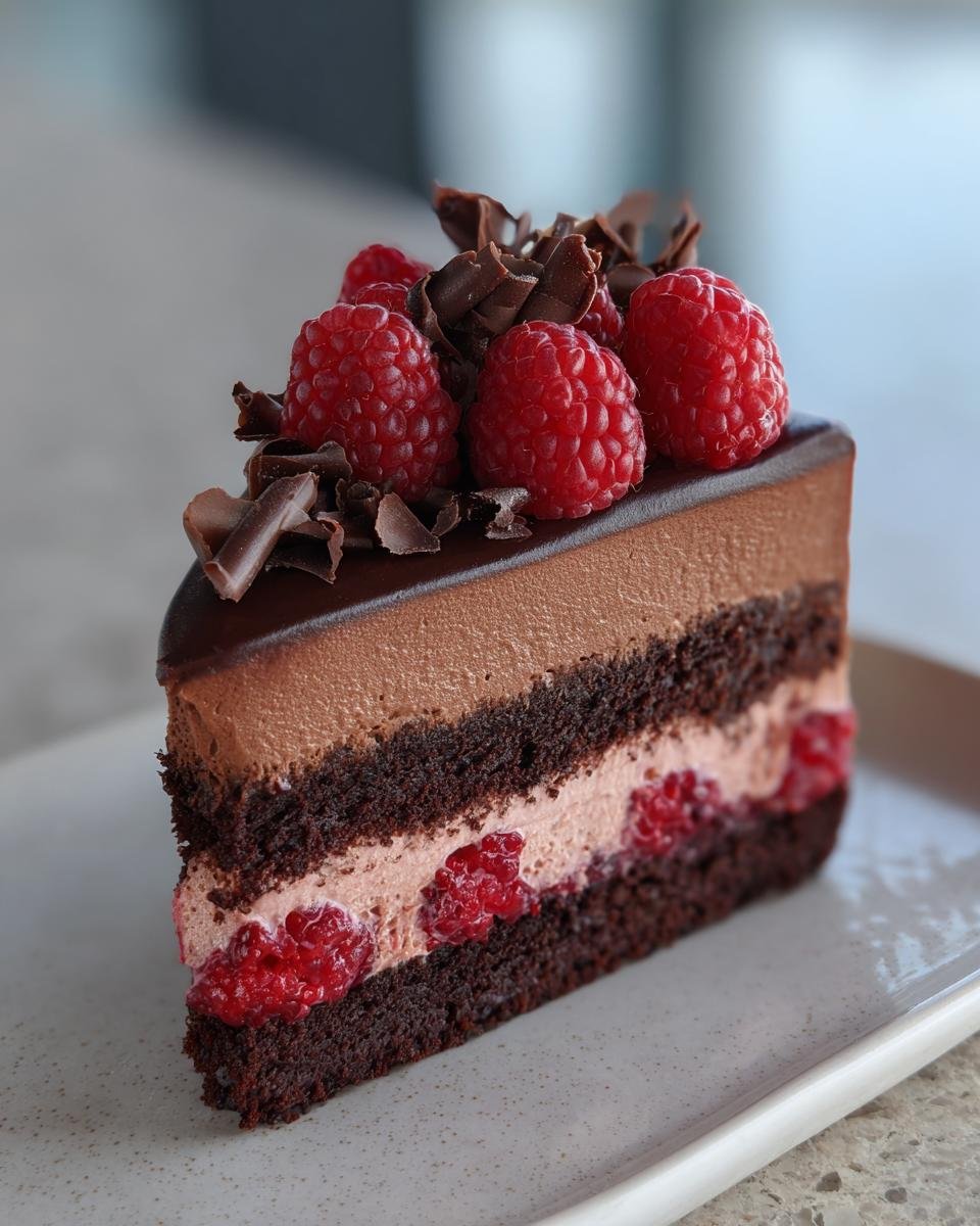 Gros plan d'une part de gâteau Mousse au Chocolat et Framboises, garnie de framboises fraîches et copeaux de chocolat.