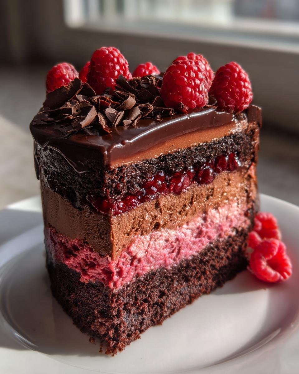 Gros plan d'une part de gâteau Mousse au Chocolat et Framboises, garnie de framboises fraîches et copeaux de chocolat.