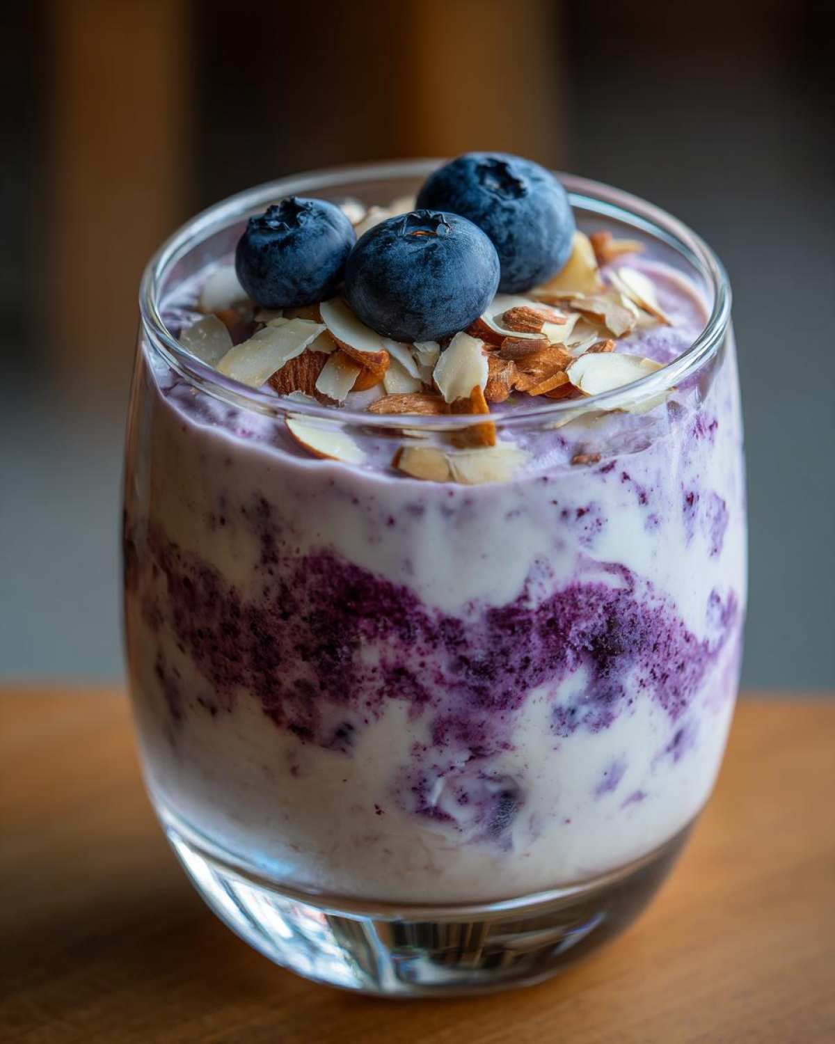Gros plan d'une mousse cottage cheese myrtilles dans un verre, garnie de myrtilles fraîches et d'amandes effilées.