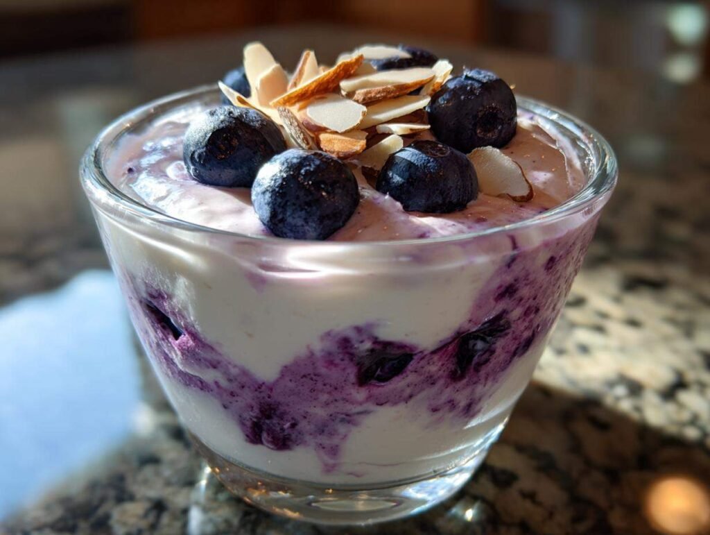 Gros plan d'une mousse cottage cheese myrtilles dans un verre, garnie de myrtilles fraîches et d'amandes effilées.