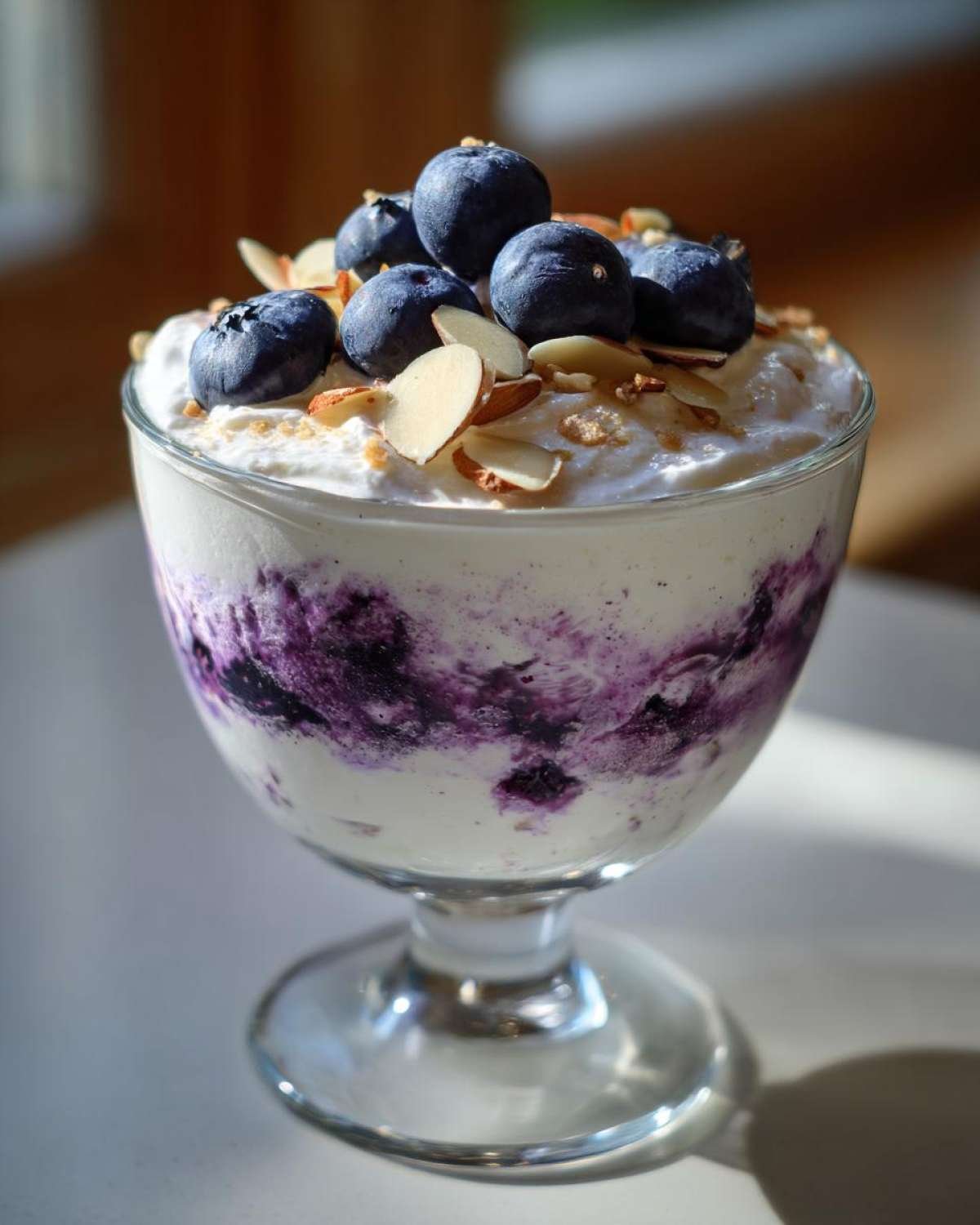 Gros plan d'une mousse cottage cheese myrtilles dans un verre, garnie de myrtilles fraîches et d'amandes effilées.