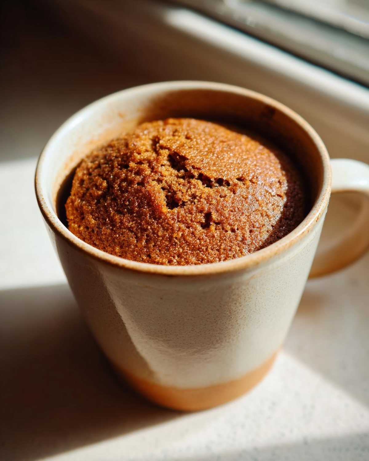Gros plan d'un mug cake keto à la cannelle tout juste sorti du four, dans une tasse en céramique.