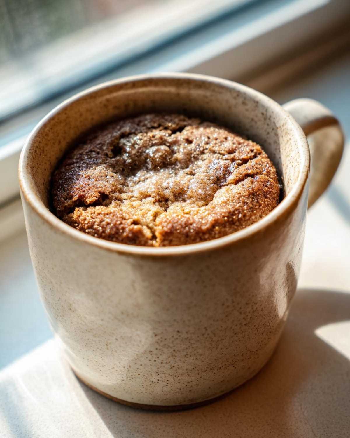 Gros plan d'un mug cake keto à la cannelle, cuit dans une tasse en céramique, prêt à être dégusté.