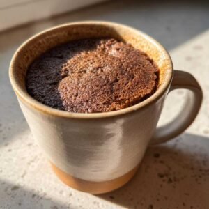 Gros plan d'un mug cake keto cannelle tout juste sorti du micro-ondes dans une tasse.