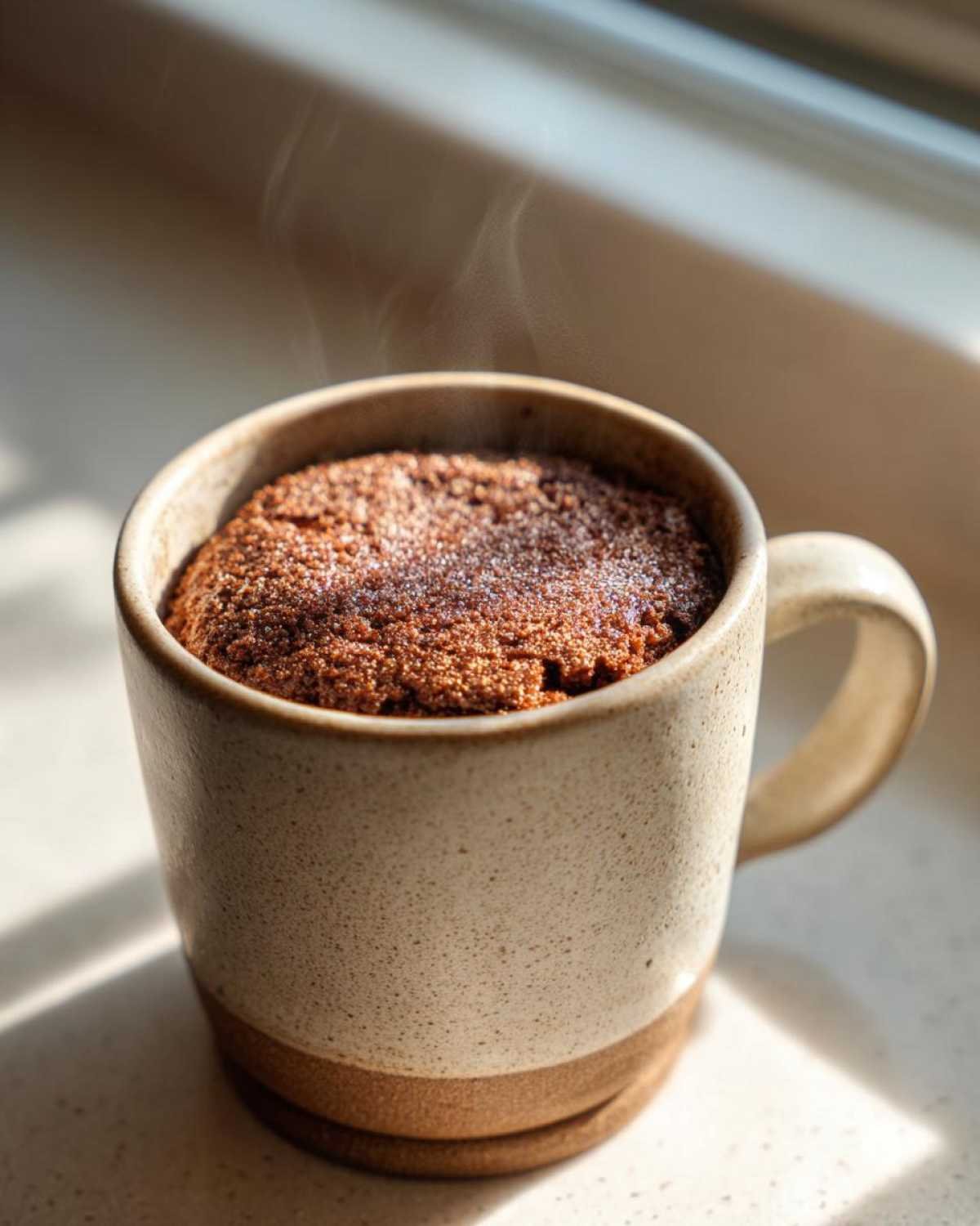 Gros plan d'un mug cake keto cannelle chaud, dégageant de la vapeur, dans une tasse en céramique.
