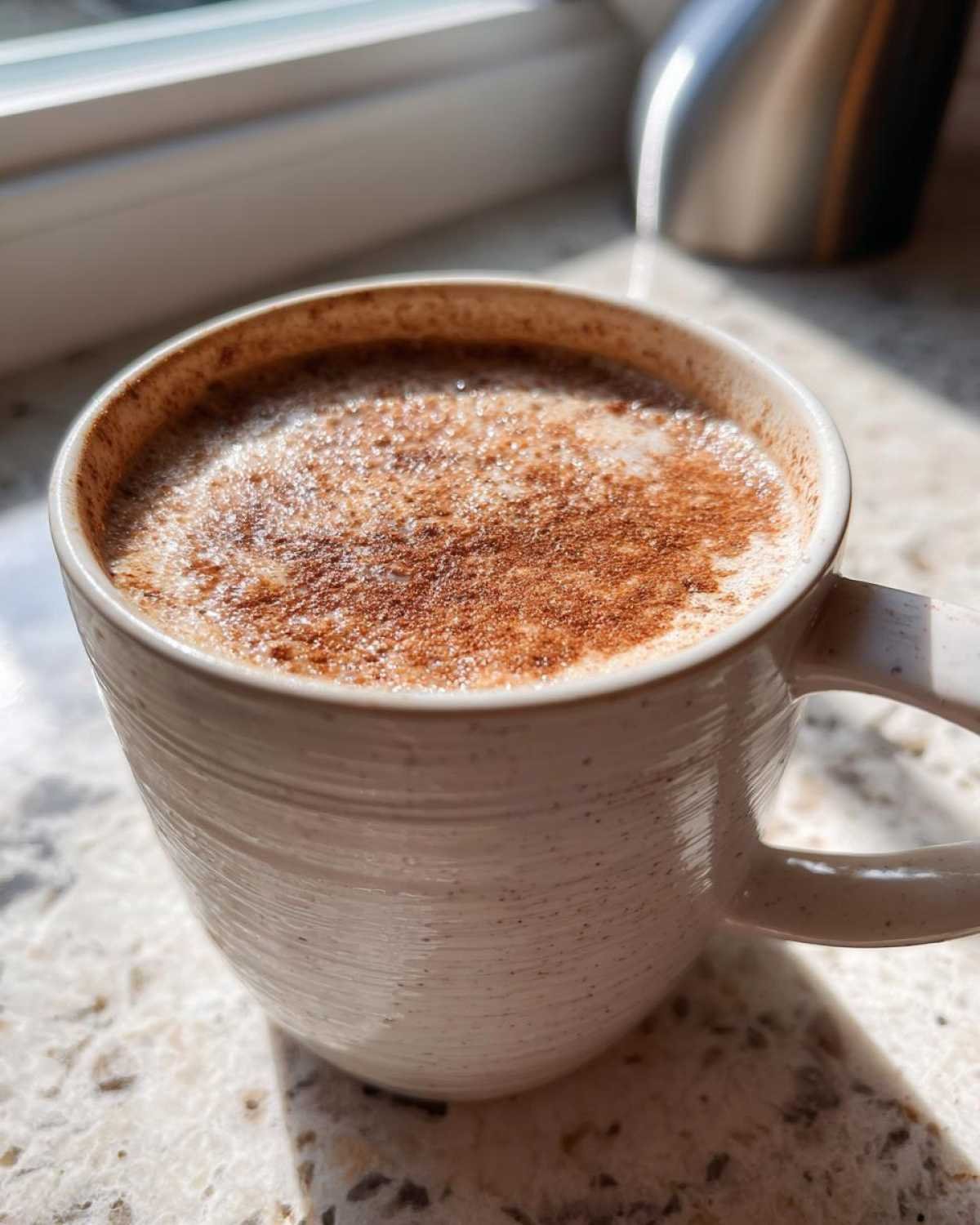Gros plan d'un mug cake keto à la cannelle, crémeux et saupoudré de cannelle.