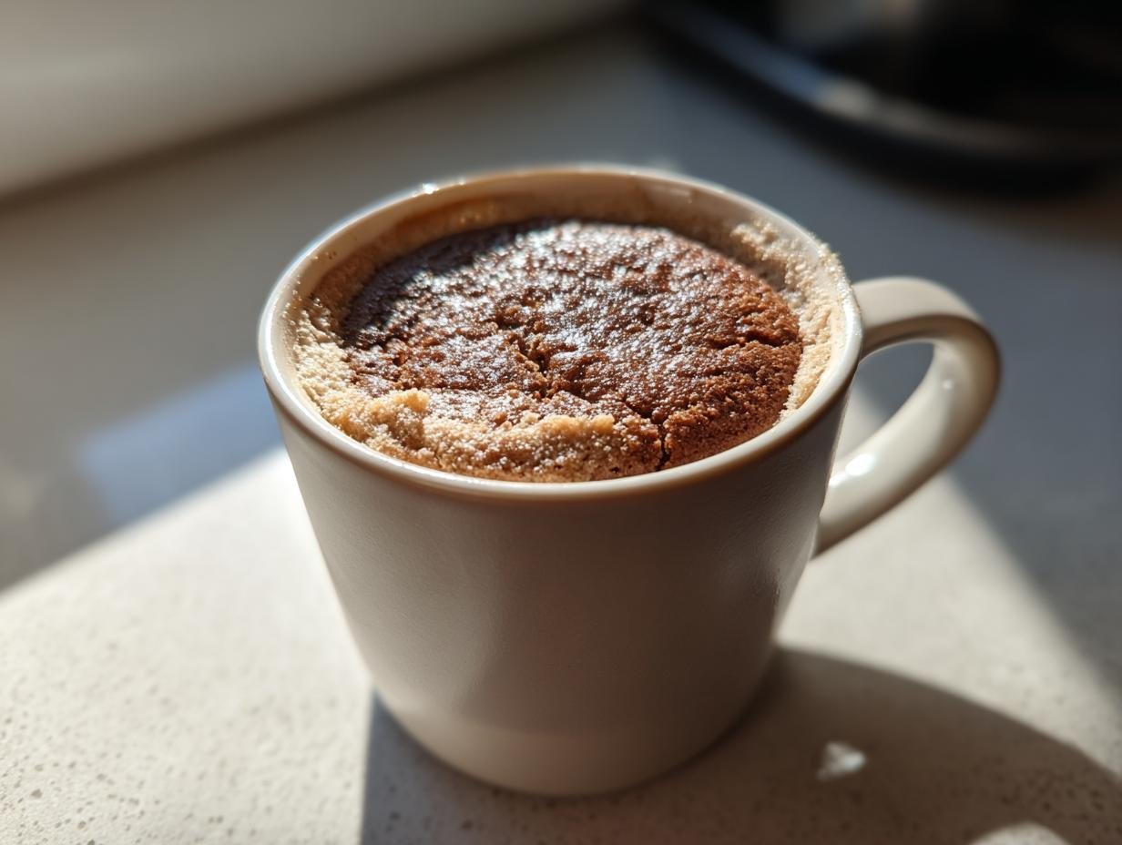 Gros plan d'un mug cake keto à la cannelle, saupoudré de sucre glace, prêt à être dégusté.
