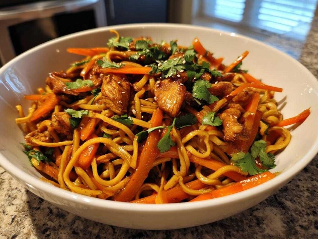 Gros plan sur un bol de Nouilles Sautées au Poulet garnies de coriandre fraîche et de graines de sésame.