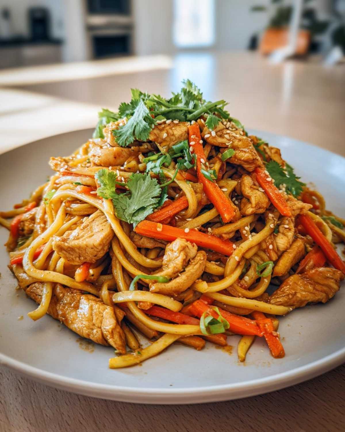 Gros plan sur des nouilles sautées au poulet, garnies de coriandre fraîche et de graines de sésame.