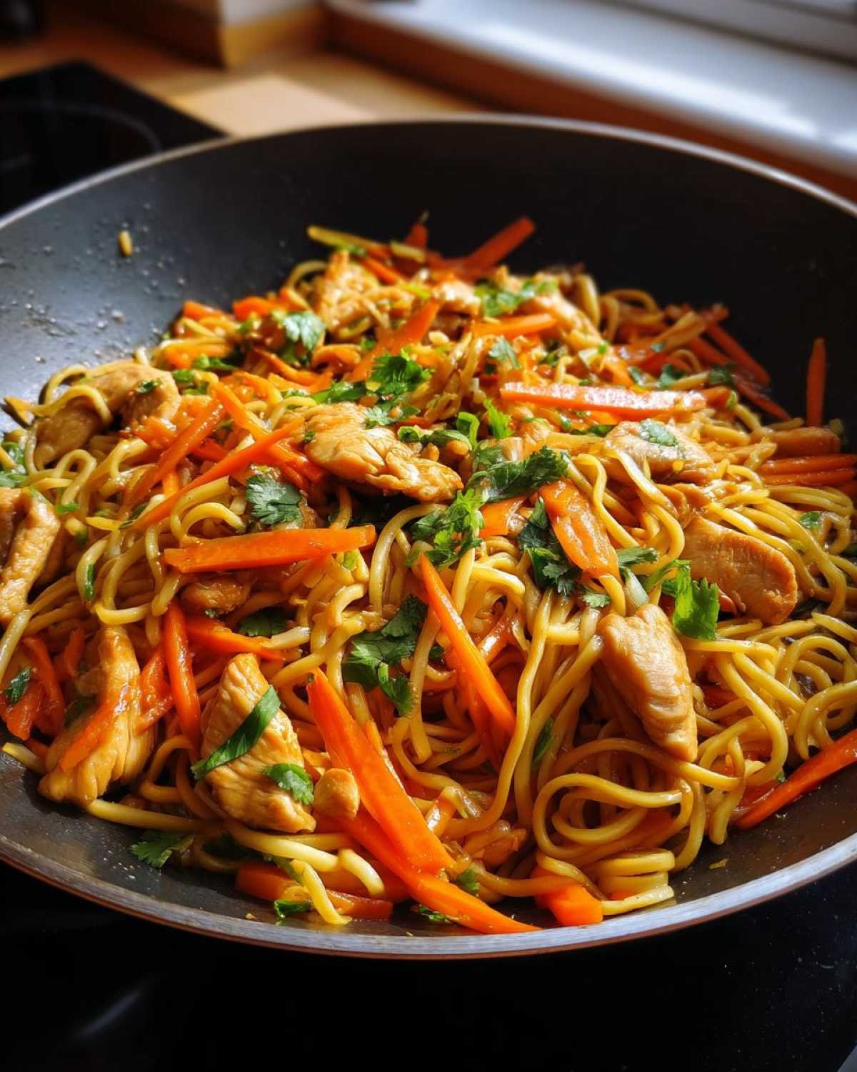 Gros plan sur des nouilles sautées au poulet avec des carottes et de la coriandre dans un wok.