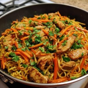 Gros plan sur des nouilles sautées au poulet et carottes râpées, garnies de coriandre fraîche.