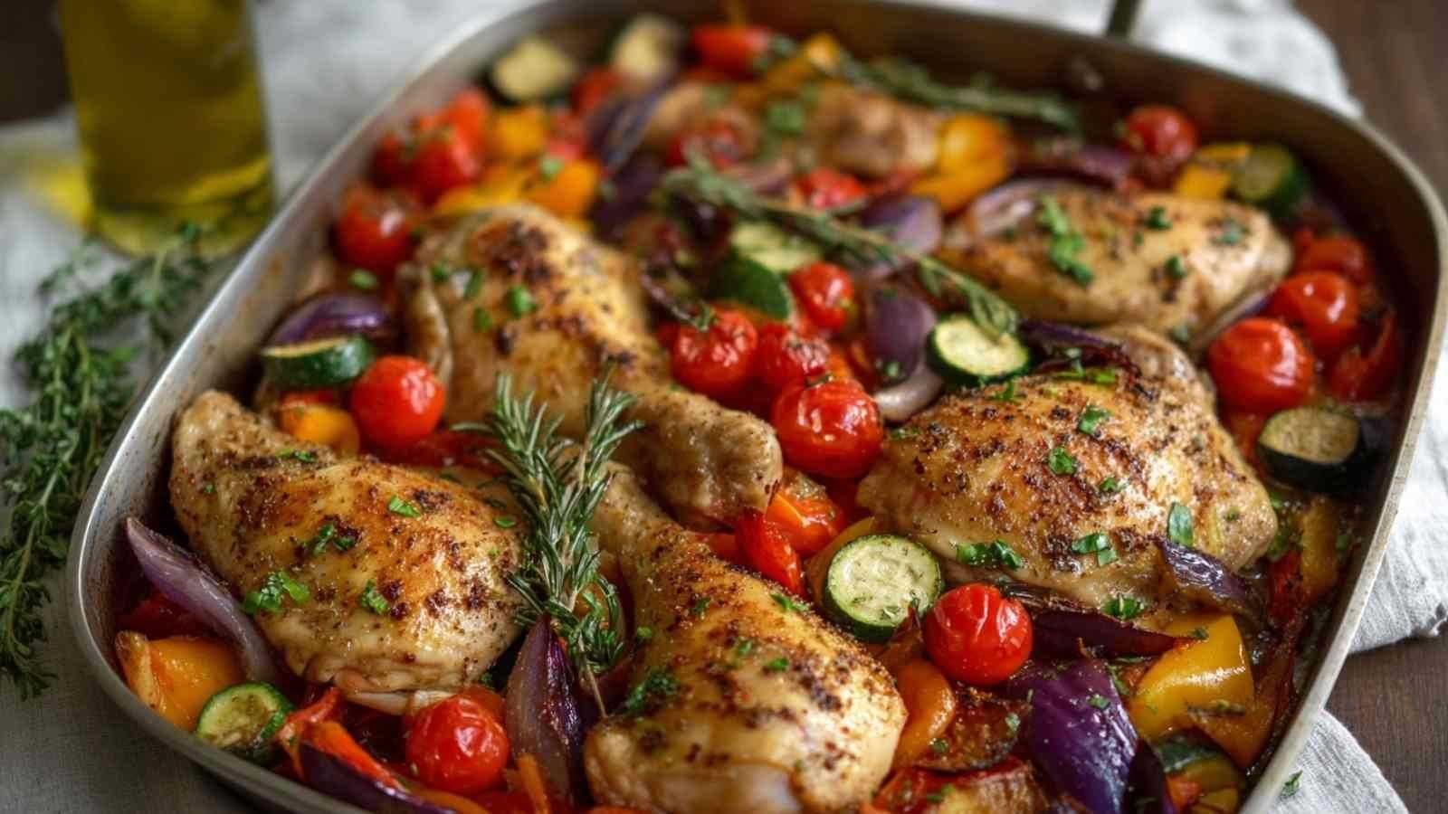 One-pan poulet légumes méditerranéens dans une grande poêle