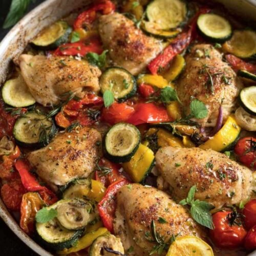 One-pan poulet légumes méditerranéens dans une grande poêle