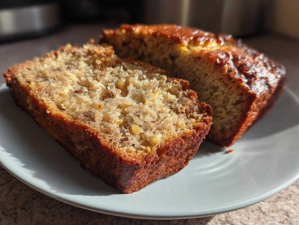 Deux tranches de pain à la banane moelleux sur une assiette grise.