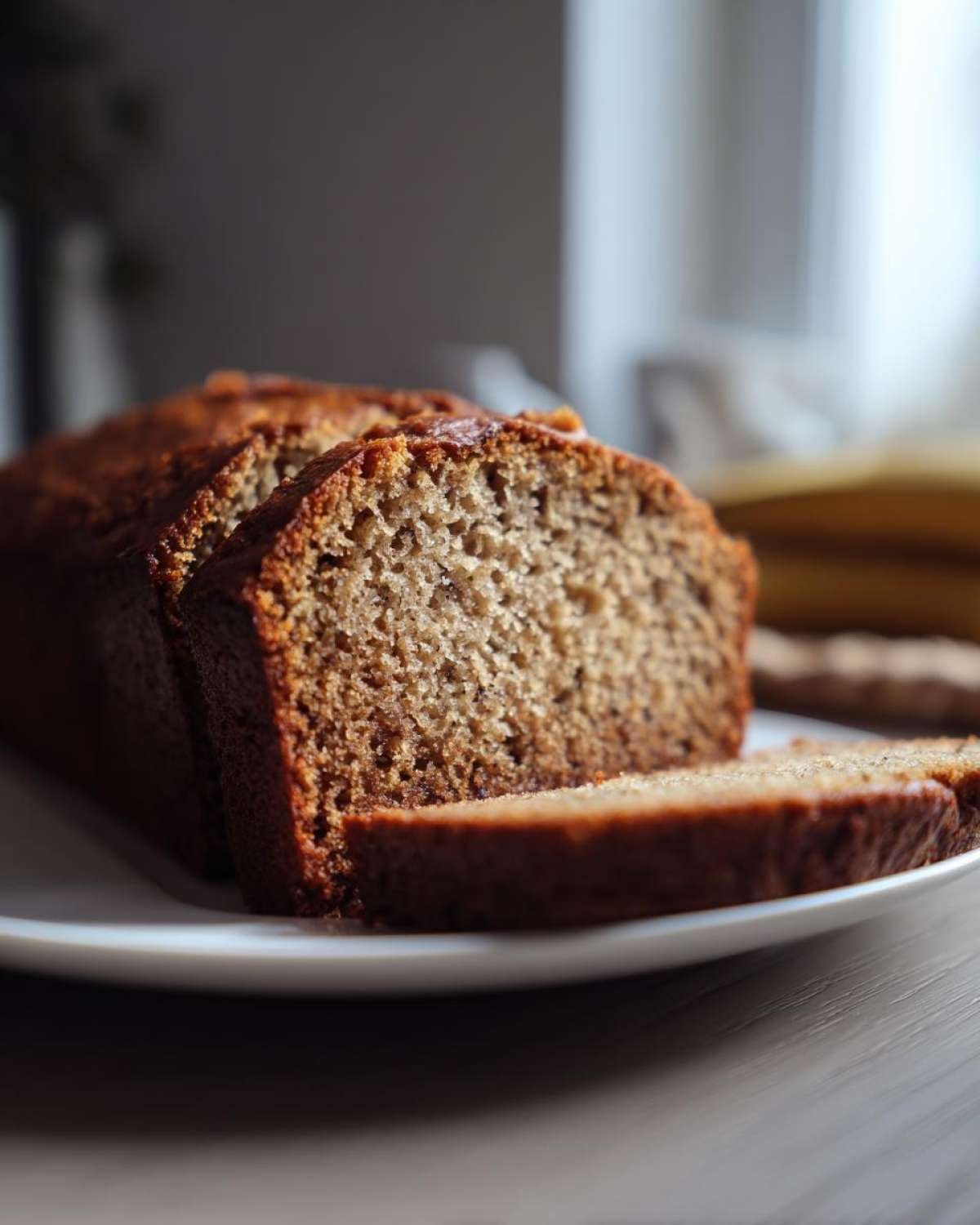 Tranche de pain aux bananes moelleux sur une assiette blanche.