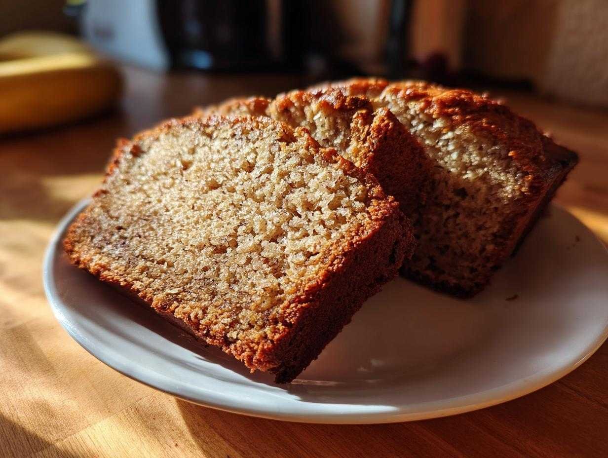 Une tranche de pain de banane facile et moelleux sur une assiette blanche.