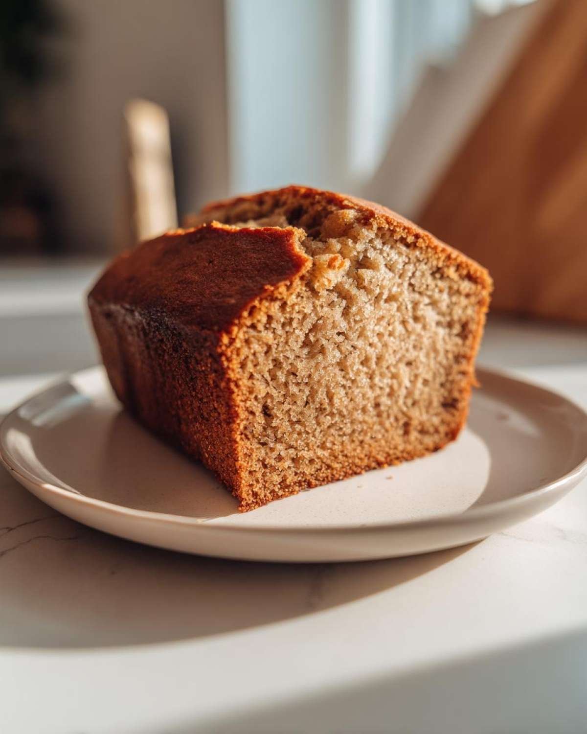 Une tranche de pain de banane facile et moelleux sur une assiette, mise en valeur par la lumière du soleil.