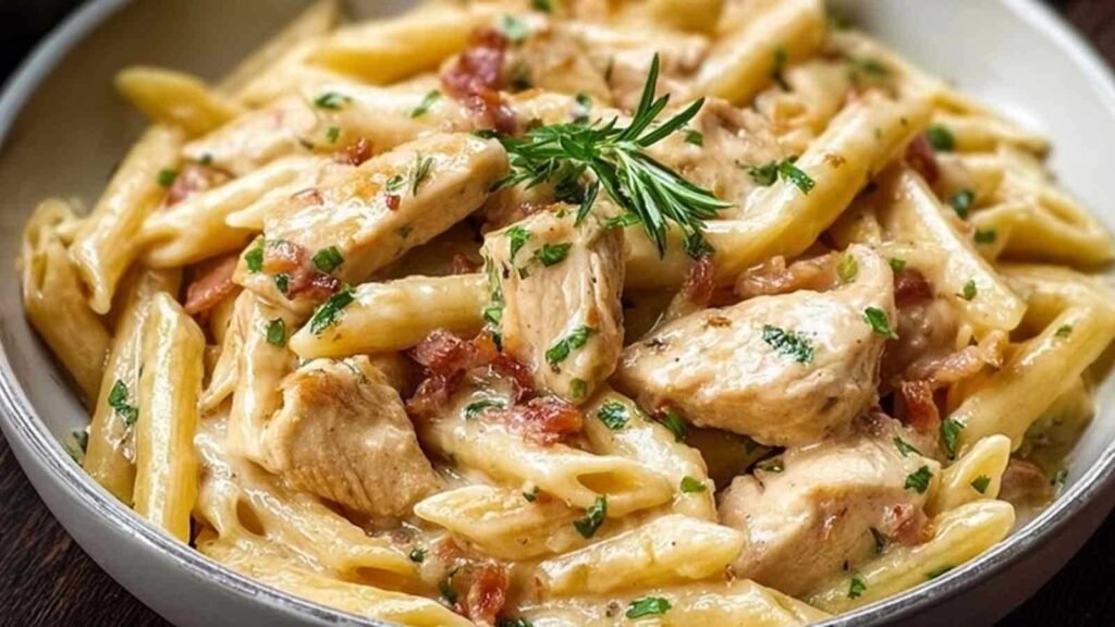 Pâtes penne au poulet crémeuses servies dans une assiette blanche avec parmesan râpé