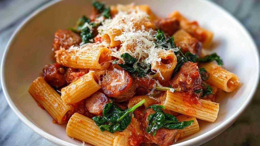Pâtes saucisse italienne servies avec parmesan râpé sur table rustique