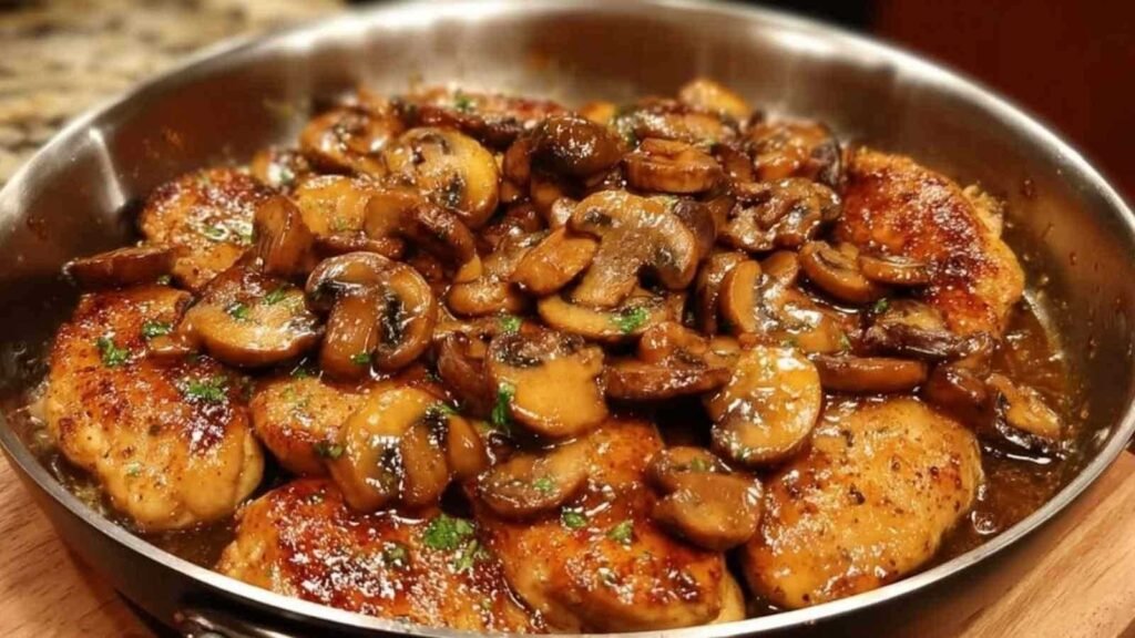 Poêlée de poulet aux champignons dorée dans une assiette