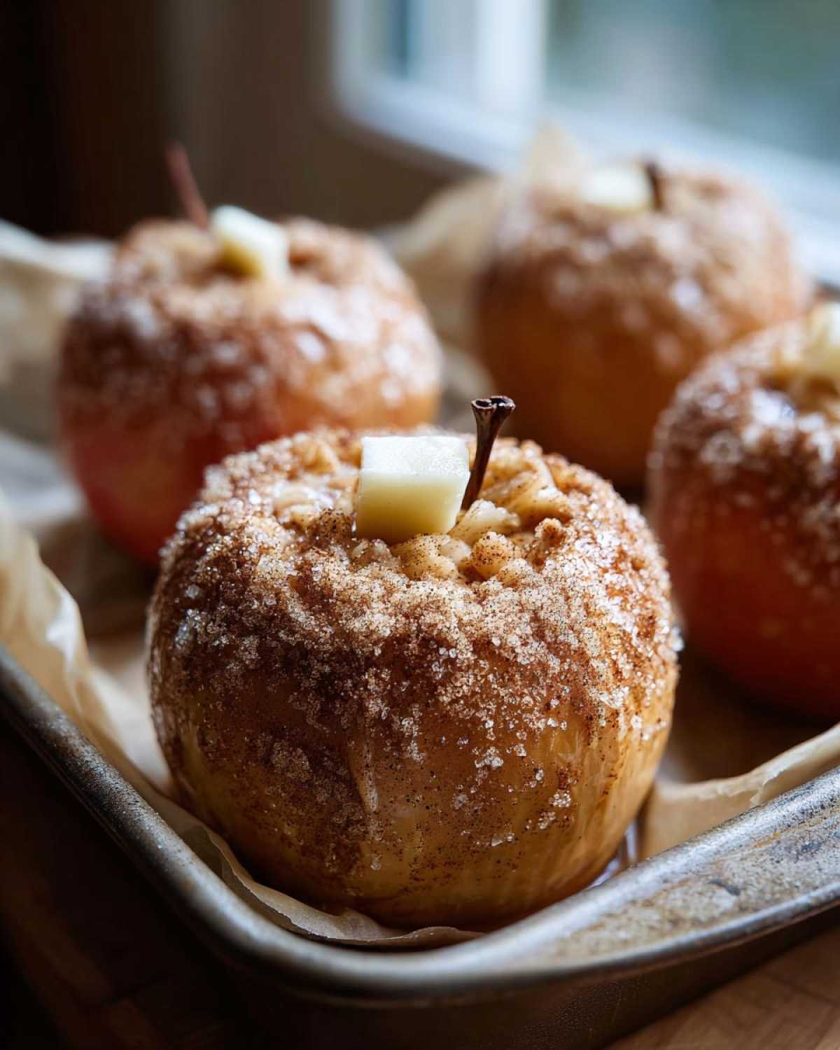 Gros plan sur des pommes air fryer à la cannelle, garnies de beurre et de sucre.