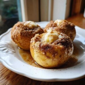 Gros plan sur des pommes air fryer cannelle cuites, garnies de beurre et de sucre à la cannelle, baignant dans un sirop ambré.