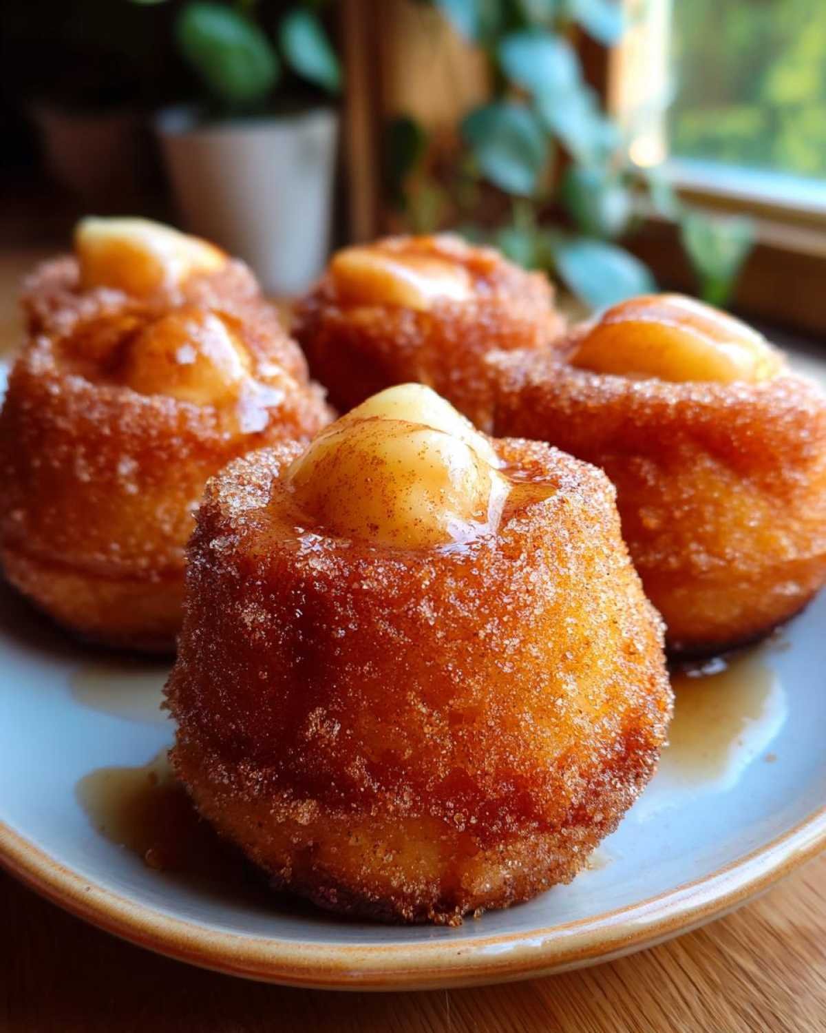 Gros plan sur des pommes air fryer à la cannelle, garnies de sucre, de cannelle et d'un filet de sirop.