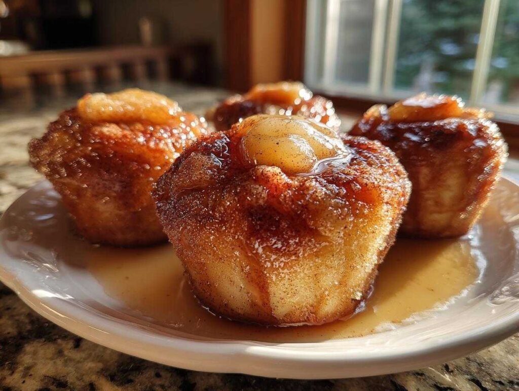 Gros plan sur des pommes air fryer cannelle sur une assiette, nappées de sirop.