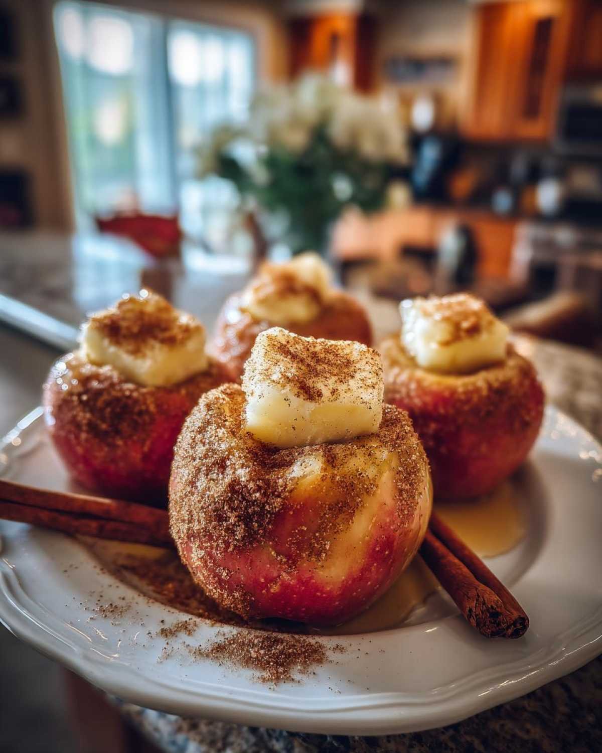 Quatre pommes air fryer cannelle sur une assiette blanche, garnies de beurre et de cannelle.