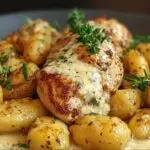 Assiette de poulet à l'asiago avec gnocchis garnie de persil frais