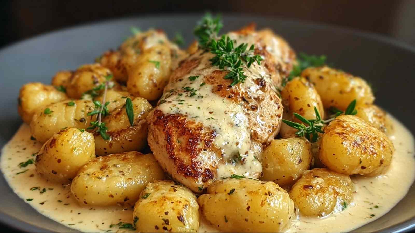Assiette de poulet à l'asiago avec gnocchis garnie de persil frais