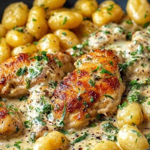 Assiette de poulet à l'asiago avec gnocchis garnie de persil frais