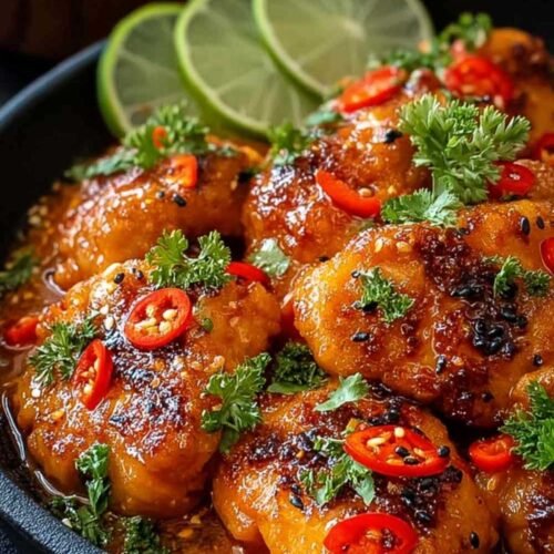 Poulet Coco Brésilien Épicé garni de coriandre fraîche et quartiers de citron vert