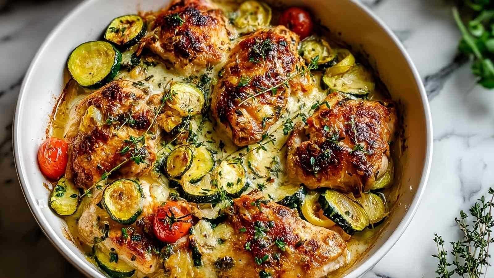 Plat de poulet méditerranéen avec courgettes et feta dorés au four