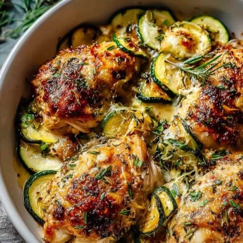 Plat de poulet méditerranéen avec courgettes et feta dorés au four