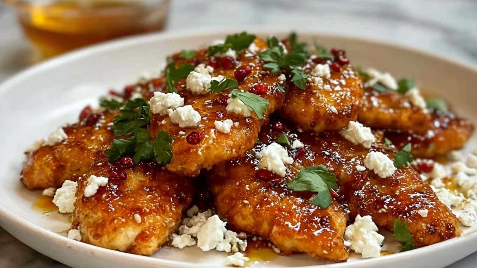 Poulet doré garni de feta et miel dans une assiette blanche