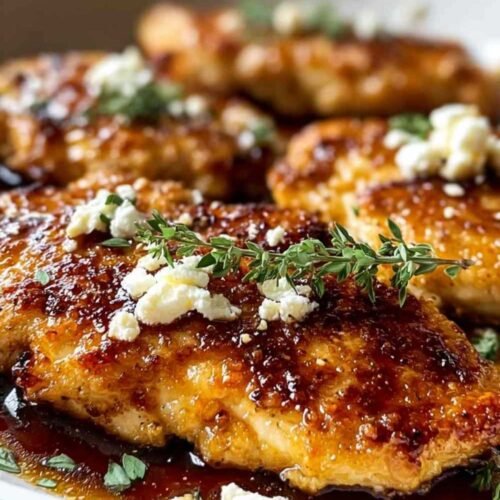 Poulet doré garni de feta et miel dans une assiette blanche