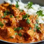 Poulet tikka masala dans une casserole avec sauce crémeuse orange
