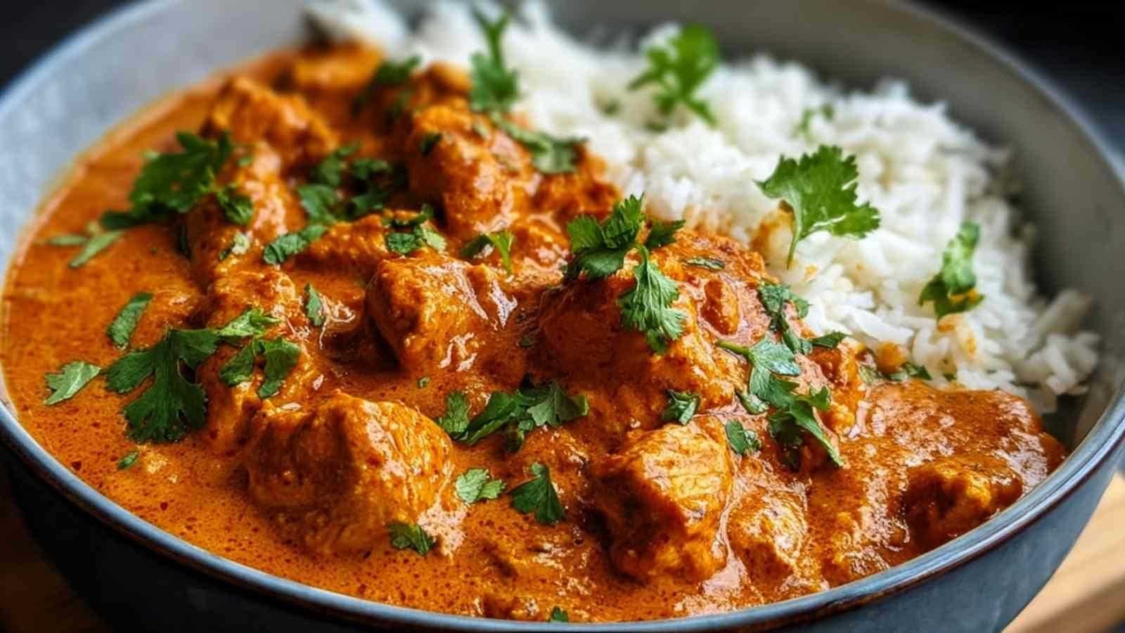 Poulet tikka masala dans une casserole avec sauce crémeuse orange