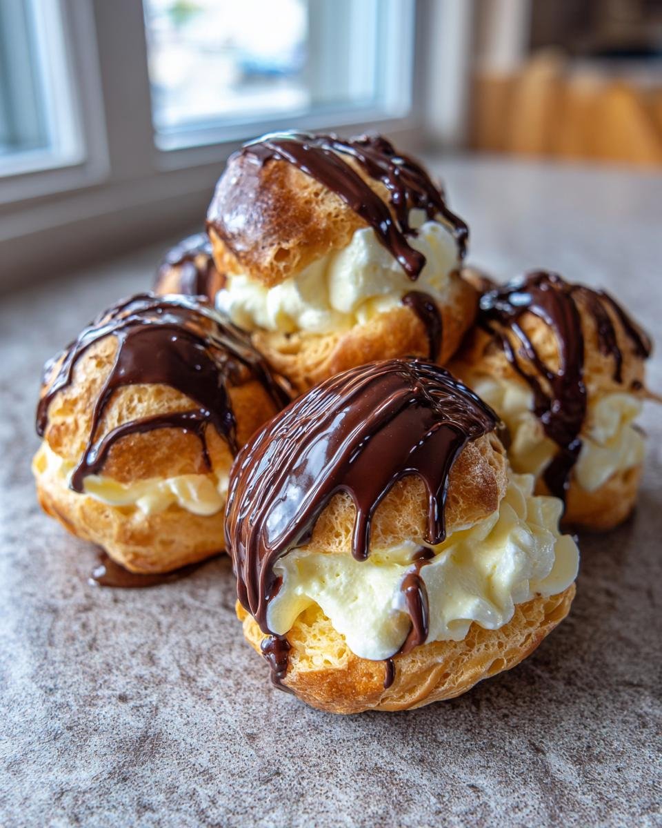 Gros plan sur des profiteroles classiques françaises garnies de crème et nappées de sauce au chocolat.