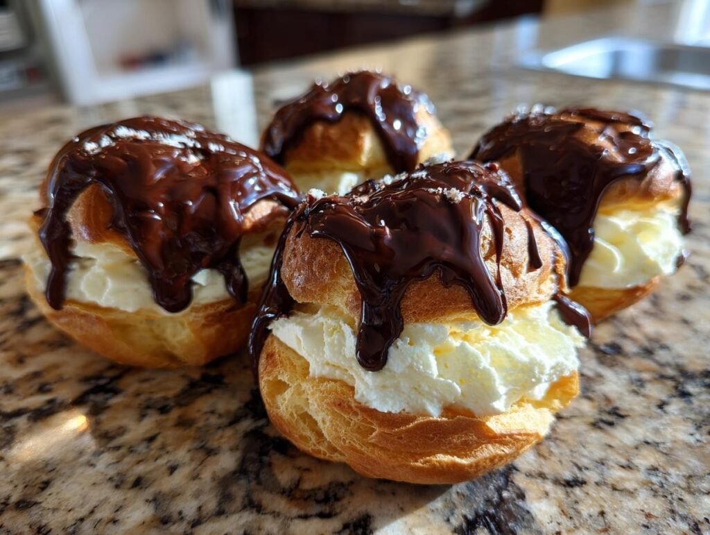 Gros plan sur des profiteroles classiques françaises garnies de crème fouettée et nappées de sauce au chocolat.