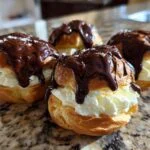 Gros plan sur des profiteroles classiques françaises garnies de crème fouettée et nappées de sauce au chocolat.