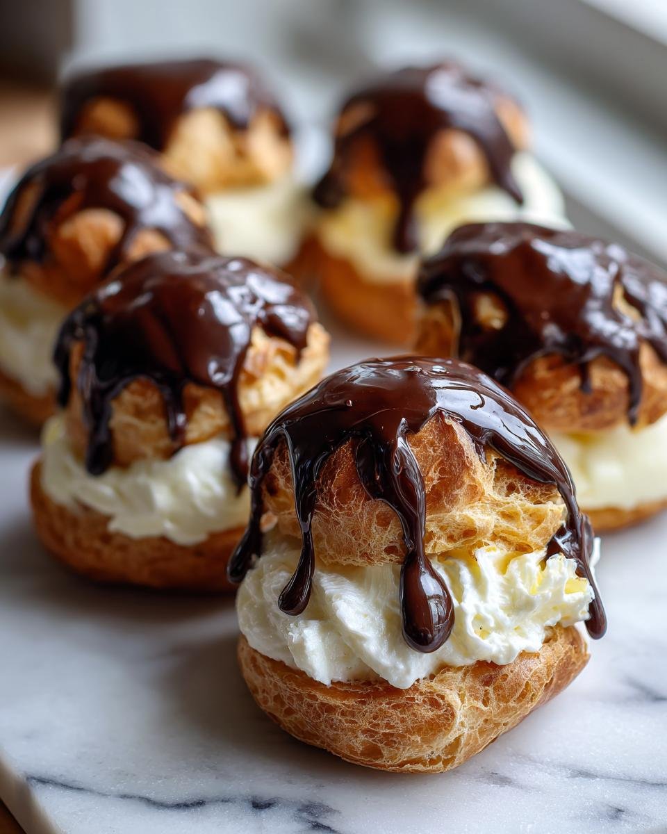 Gros plan sur des profiteroles classiques françaises garnies de crème et nappées de sauce au chocolat.