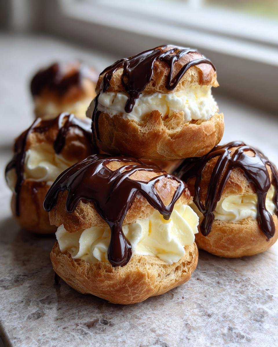 Gros plan sur des profiteroles classiques françaises garnies de crème et nappées de sauce au chocolat.