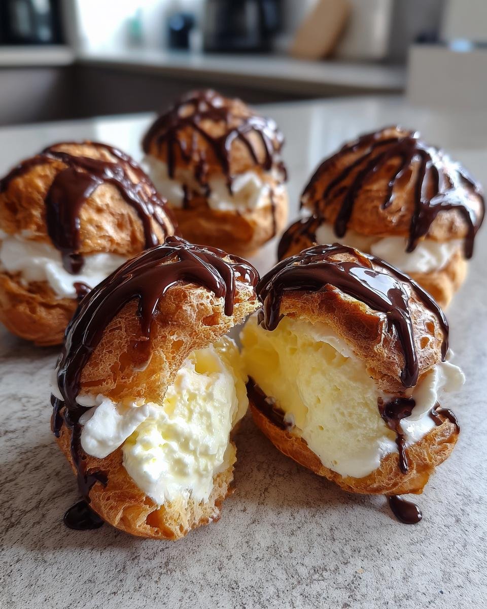 Gros plan de profiteroles classiques françaises coupées en deux, révélant une garniture crémeuse, nappées de sauce au chocolat.