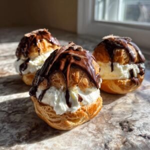 Trois profiteroles classiques françaises garnies de crème fouettée et nappées de sauce au chocolat.